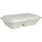 The menu box from Abena Re-Seller GmbH made of bagasse, 2-compartment in white (25x16.2x6.3 cm), biodegradable and packaged in a pack of 50 pieces, is depicted against a plain white background.