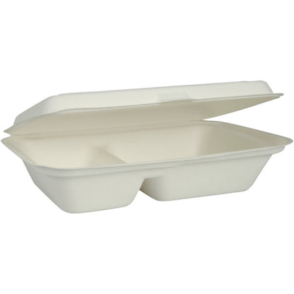 Depicted is an open, white rectangular Abena Re-Seller GmbH menu box (bagasse, 2-compartment, 25x16.2x6.3 cm) with an attached lid; it is biodegradable and comes in a pack of 50 pieces.
