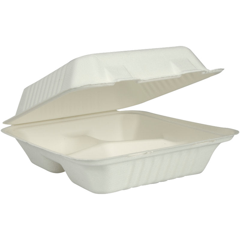 The white menu box made of bagasse from Abena Re-Seller GmbH (3-compartment, 22.3x20x7.8 cm) is shown open with a slightly raised lid and reveals its three inner compartments. Pack of 50 pieces.