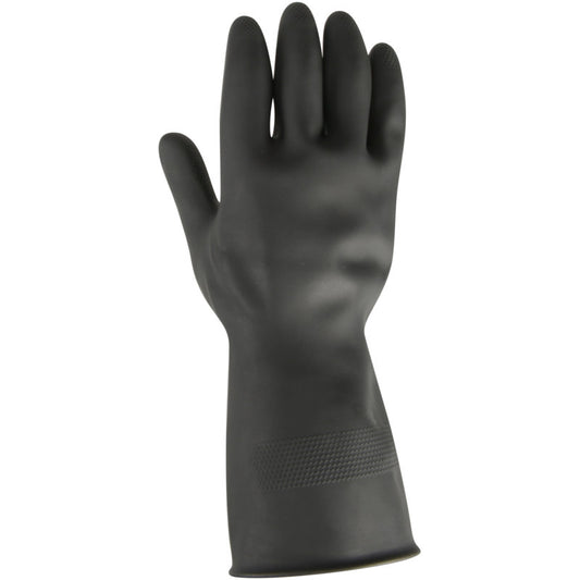 Ein einzelner Thor Black Heavy Duty Haushaltshandschuh Latex von Abena Re-Seller GmbH wird aufrecht mit der Handfläche und dem texturierten Griff nach vorne gezeigt. Der unbenutzte schwarze Handschuh reicht bis über das Handgelenk hinaus.