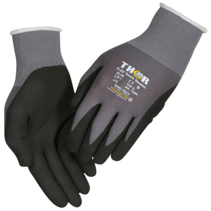 A pair of gray and black Thor Flex work gloves from Abena Re-Seller GmbH with the inscription "THOR", shown with front and back view against a white background.