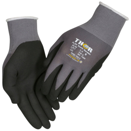 Ein Paar grauer und schwarzer Thor Flex Arbeitshandschuhe von Abena Re-Seller GmbH, mit dem Aufdruck "THOR" und Sicherheitszertifikaten auf einem Handschuh, dargestellt auf weißem Hintergrund.