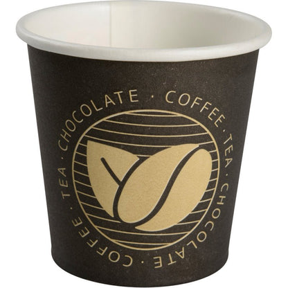 The espresso cup "Beans", 10 cl from Abena Re-Seller GmbH is a black paper cup with a beige interior, a circular Beans Design Logo and "COFFEE - TEA - CHOCOLATE" in beige lettering. Sold in packs of 50 pieces.