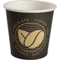 The espresso cup "Beans", 10 cl from Abena Re-Seller GmbH is a black paper cup with a beige interior, a circular Beans Design Logo and "COFFEE - TEA - CHOCOLATE" in beige lettering. Sold in packs of 50 pieces.