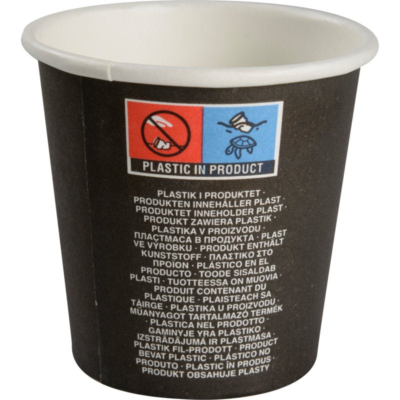 A black espresso cup "Beans", 10 cl from Abena Re-Seller GmbH, with a multilingual warning "PLASTIC IN PRODUCT" and icons of crossed-out cutlery and a bee - an alternative to ceramic, 50-pack.