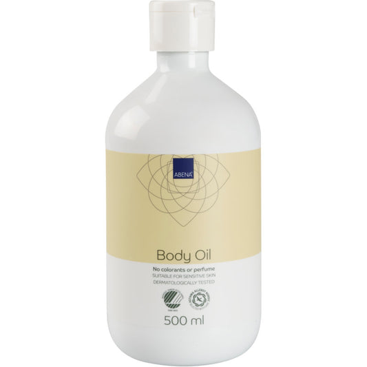 Weiße 500-ml-Kunststoffflasche mit der Aufschrift "Hautpflegeöl" von Abena Re-Seller GmbH, frei von Farbstoffen und Parfüm, hergestellt mit natürlichen Inhaltsstoffen und ideal für empfindliche Haut; erhältlich als Karton mit 6 Packungen.