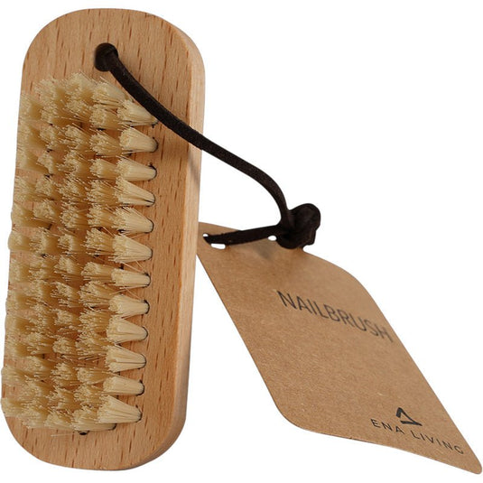 The ENA Living Nail Brush, Beech (24-pack) from Abena Re-Seller GmbH features stiff bristles, a brown cord loop, and a "NAILBRUSH" tag—ideal for nail care and cleaning nails.