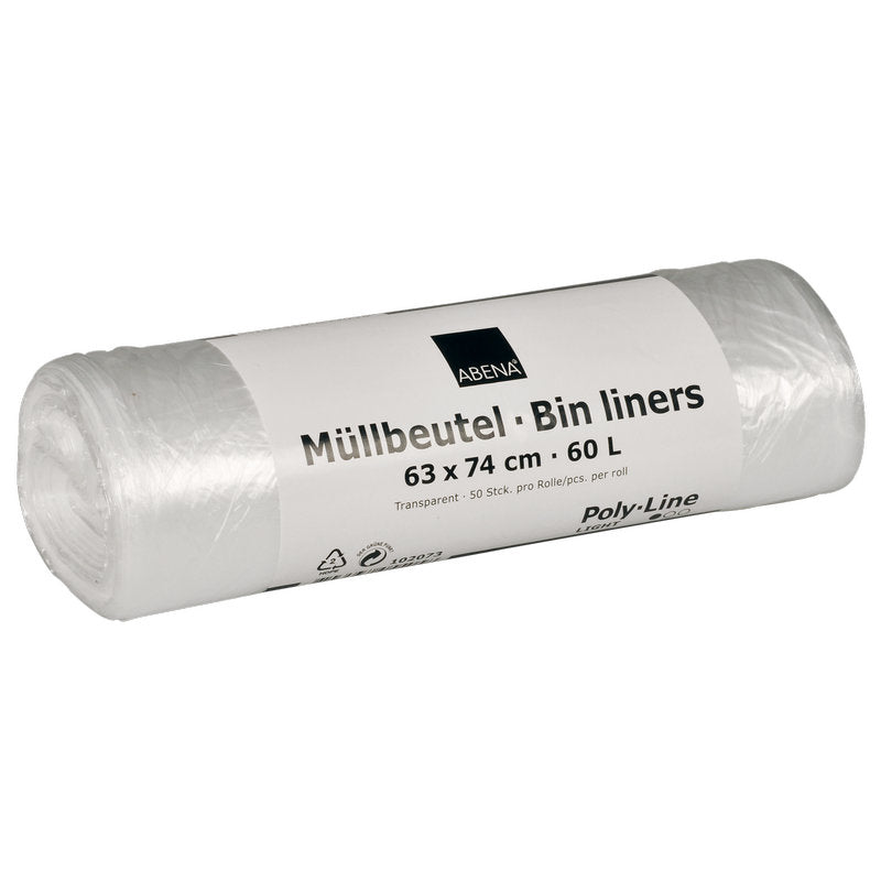 A roll of transparent garbage bags 60 L (630x740 mm, 5.5 my HDPE, 50 bags/roll) from Abena Re-Seller GmbH with a white label containing the product information.