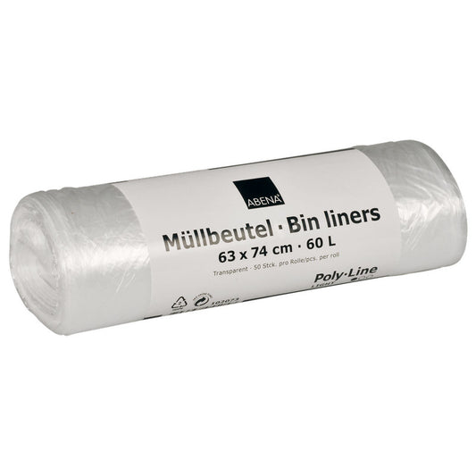 Eine Rolle transparenter Müllbeutel 60 L (630x740 mm, 5,5 my HDPE, 50 Beutel/Rolle) der Abena Re-Seller GmbH mit einem weißen Etikett mit den Produktangaben.