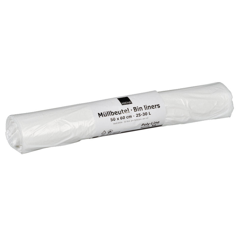 A roll of Abena Re-Seller GmbH garbage bags, 25-30 L capacity, 500x600 mm size, 12.5 my LDPE white; labeled in German and English; package contains 50 bags.
