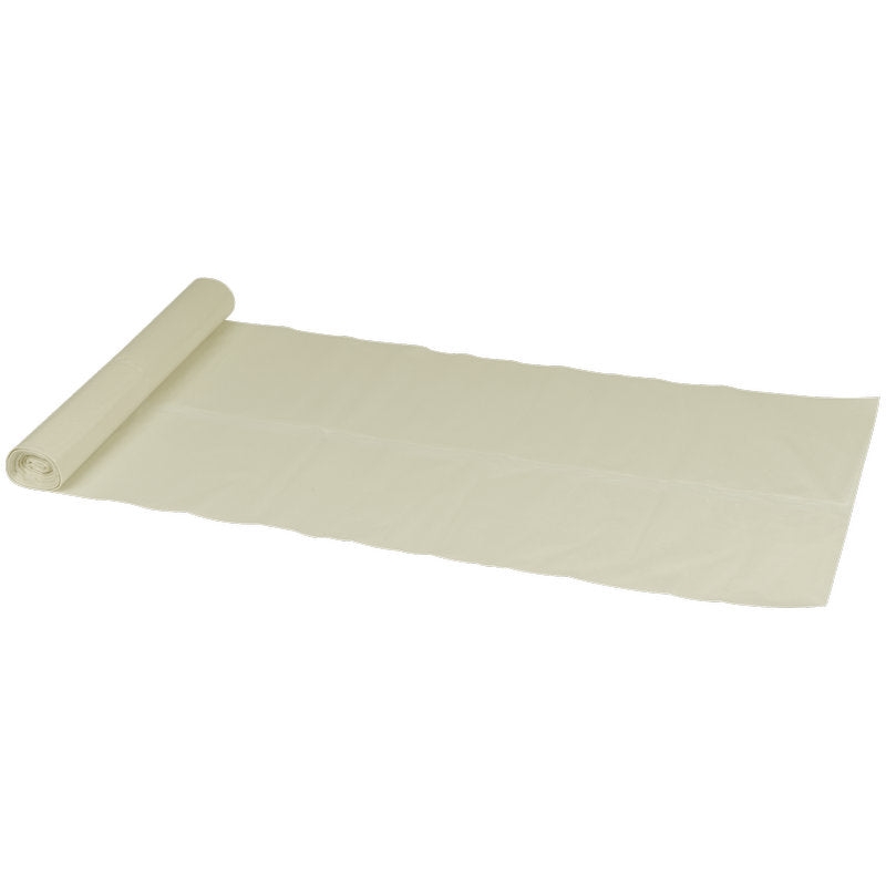 Eine teilweise abgerollte Rolle der Abena Re-Seller GmbH Abfallsäcke 120 L, 700x1100 mm, 40 my LDPE, Transparent (Rolle mit 10 Beuteln) wird auf eine ebene weiße Fläche gelegt.