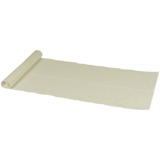 Eine teilweise abgerollte Rolle der Abena Re-Seller GmbH Abfallsäcke 120 L, 700x1100 mm, 40 my LDPE, Transparent (Rolle mit 10 Beuteln) wird auf eine ebene weiße Fläche gelegt.