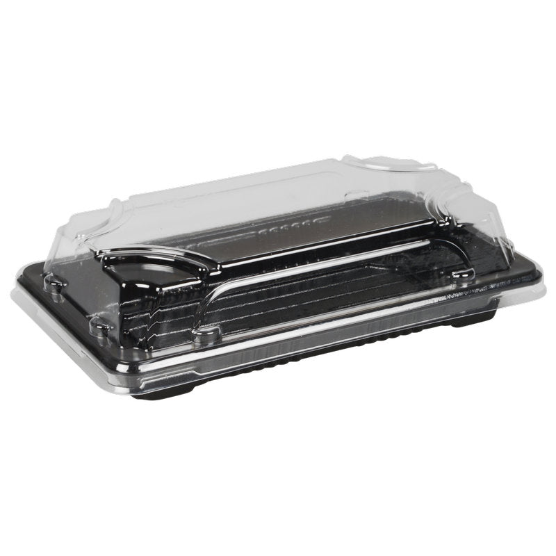 The Abena Re-Seller GmbH Sushi-to-go Combo Pack is a black, rectangular food container made of plastic with a transparent hinged lid, shown closed and empty, ideal for fresh sushi or takeaway, depicted on a plain white background.