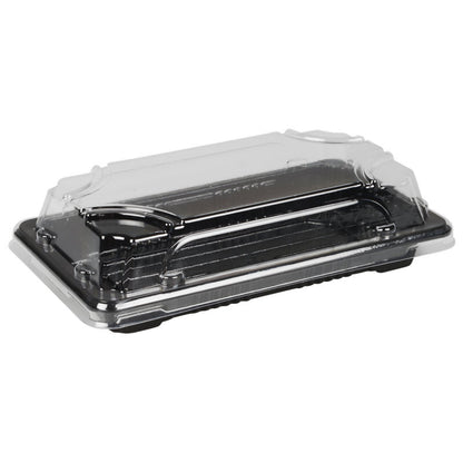The Abena Re-Seller GmbH Sushi-to-go Combo Pack is a black, rectangular food container made of plastic with a transparent hinged lid, shown closed and empty, ideal for fresh sushi or takeaway, depicted on a plain white background.