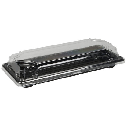 The Sushi-to-go Combo Pack from Abena Re-Seller GmbH is a black disposable sushi tray made of plastic with a transparent, attached lid, shown closed and empty - ideal for fresh sushi or takeaway - and depicted on a white background.