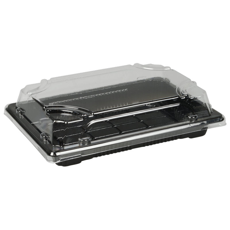 The Abena Re-Seller GmbH Sushi-to-go Combo Pack with black base and transparent hinged lid is ideal for packaging and presenting fresh sushi, cakes, or pastries, keeping them visible and protected during transport.