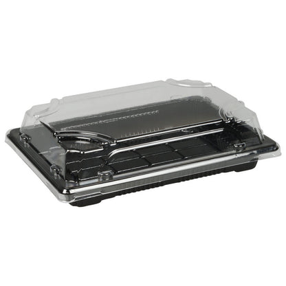 The Abena Re-Seller GmbH Sushi-to-go Combo Pack with black base and transparent hinged lid is ideal for packaging and presenting fresh sushi, cakes, or pastries, keeping them visible and protected during transport.