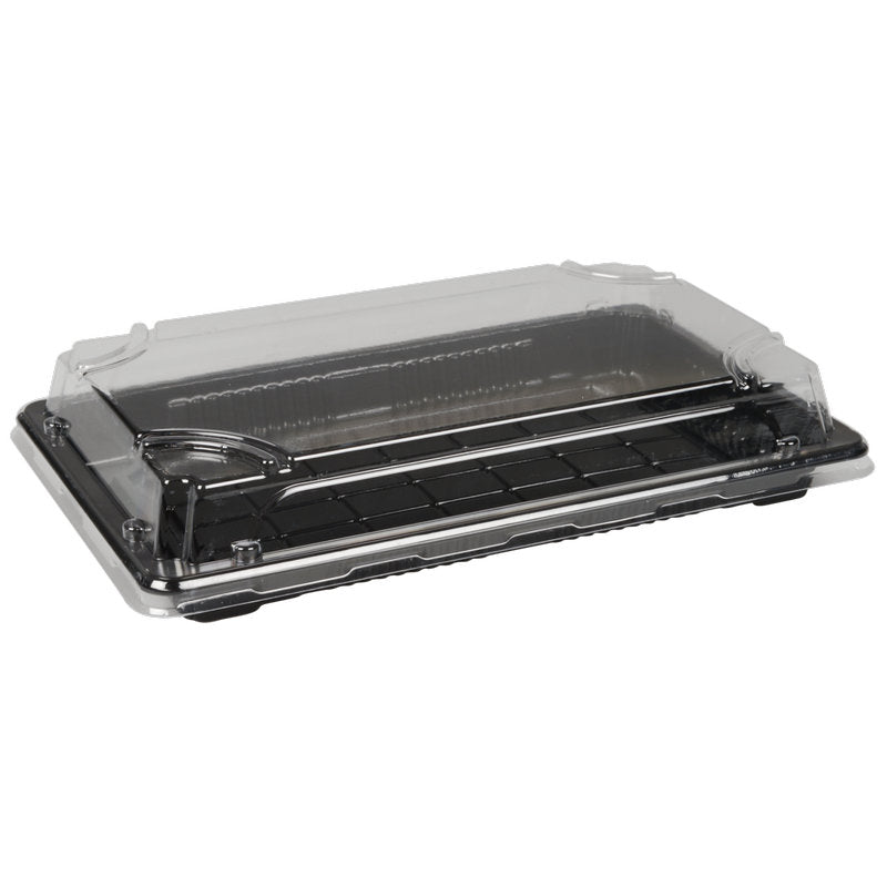 The Abena Re-Seller GmbH Sushi-to-go Combo Pack is a rectangular clamshell container with a black base and transparent lid, perfect for presenting and transporting fresh sushi or desserts.