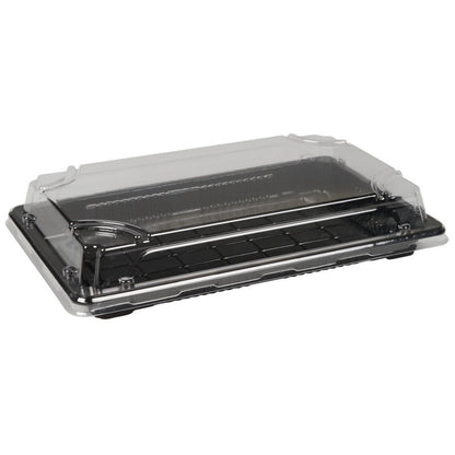 The Abena Re-Seller GmbH Sushi-to-go Combo Pack is a rectangular clamshell container with a black base and transparent lid, perfect for presenting and transporting fresh sushi or desserts.