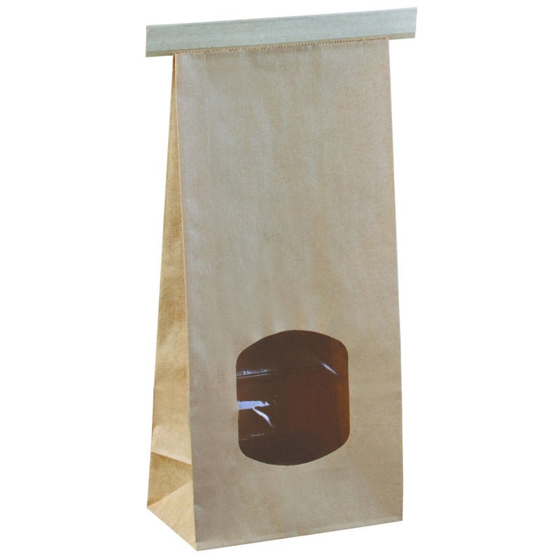 A tall, brown closure bag with a viewing window from Abena Re-Seller GmbH stands upright on a white background. Its flat lid and the viewing window on the front ensure an effective product presentation of the contents.