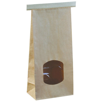 A tall, brown closure bag with a viewing window from Abena Re-Seller GmbH stands upright on a white background. Its flat lid and the viewing window on the front ensure an effective product presentation of the contents.