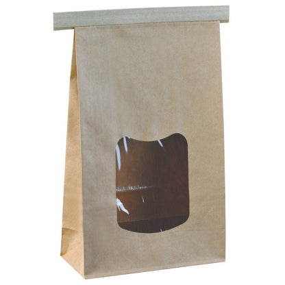 The closure bag with a viewing window from Abena Re-Seller GmbH made of brown paper stands upright against a white background - thanks to the rectangular window and fold closure, it's ideal for an attractive product presentation.
