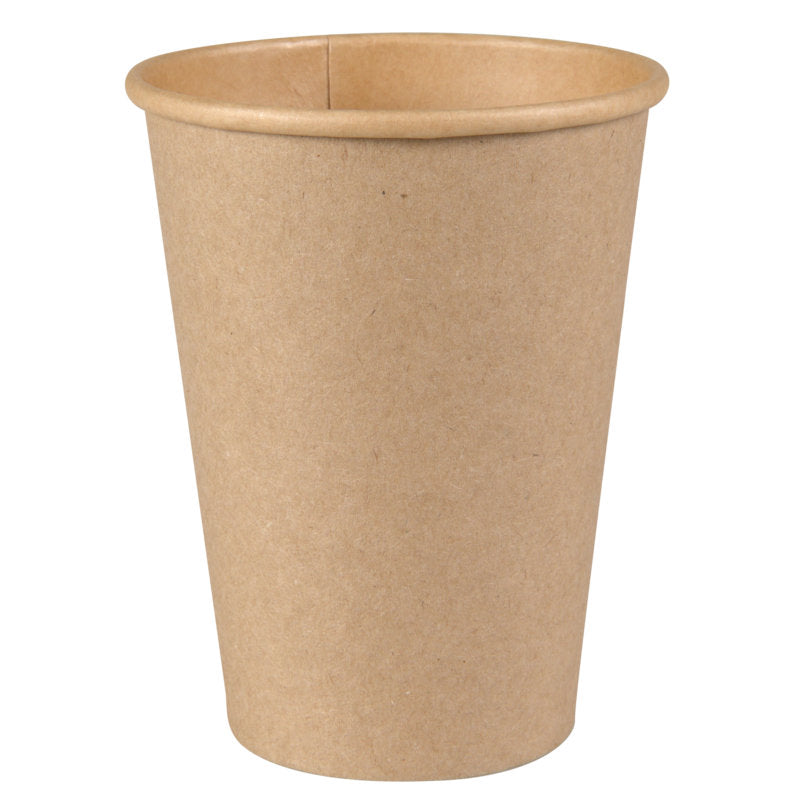 A simple, brown disposable coffee cup from Abena Re-Seller GmbH is depicted against a white background. The empty cup has a rolled rim at the top.