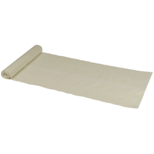 Eine Rolle mit cremefarbenem Stoff wird teilweise auf einer ebenen Fläche abgerollt - ideal zum Auskleiden mit Abena Re-Seller GmbH Abfallsäcke 120 L, 700x1100 mm, 45 my LDPE, Transparent (Rolle mit 10 Beuteln) für zusätzliche Sauberkeit und Komfort.