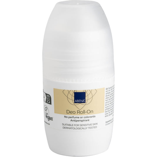 Der Abena Re-Seller GmbH Deo-Roll-On (50 ml) aus weißem Kunststoff mit beigem Etikett bietet eine effektive Geruchsneutralisierung, ist für empfindliche Haut geeignet, dermatologisch getestet und frei von Parfüm und Farbstoffen. Verkauft in Kartons mit 8 Packungen.