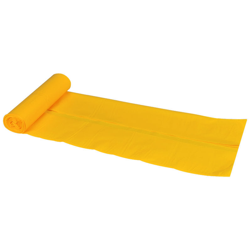 A yellow Abena Re-Seller GmbH garbage bag for Sækko Boy 40 (35 my LLDPE) is partially unrolled from the roll and lies flat on a white surface.