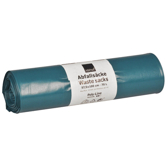 Die aufgerollten blauen Abena Re-Seller GmbH Abfallsäcke 70L (575x1000 mm, 48 my LDPE) sind mit einem zweisprachigen Etikett versehen und werden in einer Rolle von 25 reißfesten Müllsäcken geliefert. Sie bieten eine zuverlässige Haltbarkeit für den täglichen Abfallbedarf.