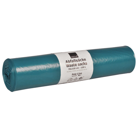 Eine aufgerollte Packung blauer LDPE Abena Re-Seller GmbH Abfallsäcke 120 L (700x1100 mm, 48 my), beschriftet in Deutsch/Englisch, enthält 25 Säcke mit einem Fassungsvermögen von 120 Litern.
