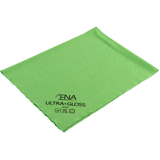 Das ENA Ultra Gloss Fenstertuch von Abena Re-Seller GmbH ist ein grünes 40x40 cm großes Mikrofasertuch mit gezackten Kanten, "JENA ULTRA-GLOSS"-Aufdruck und Wäschesymbolen - perfekt für die streifenfreie Fensterreinigung. Packung enthält 5 Paare.