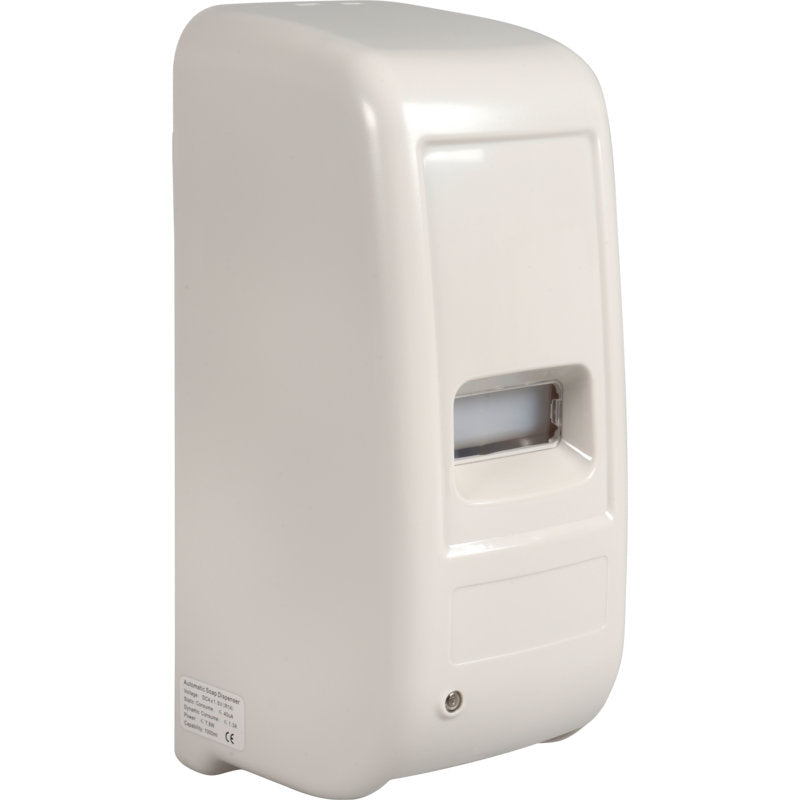 Der Abena Re-Seller GmbH Sensorspender, 1.000 ml, Weiß, ist ein weißer Wandspender mit Sichtfenster und Verriegelungsmechanismus für optimale Händehygiene und automatische Dosierung.