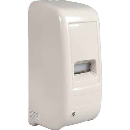 Der Abena Re-Seller GmbH Sensorspender, 1.000 ml, Weiß, ist ein weißer Wandspender mit Sichtfenster und Verriegelungsmechanismus für optimale Händehygiene und automatische Dosierung.