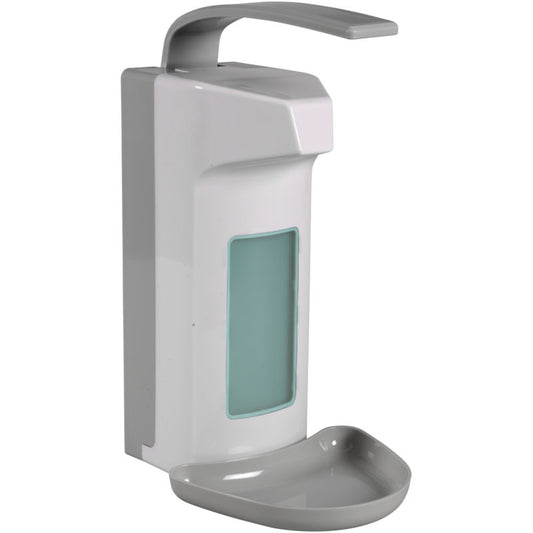 Der Abena Re-Seller GmbH Armhebelspender (1000 ml, Kunststoff/Weiß) ist ein Wandspender mit oberem Hebel, Tropfschale und Sichtfenster zur einfachen Kontrolle des Seifenstands.