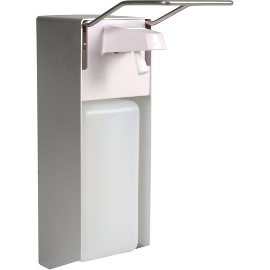 Der Abena Re-Seller Armhebelspender (1000 ml, Aluminium/Weiß) verfügt über einen Metallhebel, eine weiße Kunststoffpumpe und einen rechteckigen, durchsichtigen Behälter - ideal für die Ausgabe von Seife oder Desinfektionsmittel.