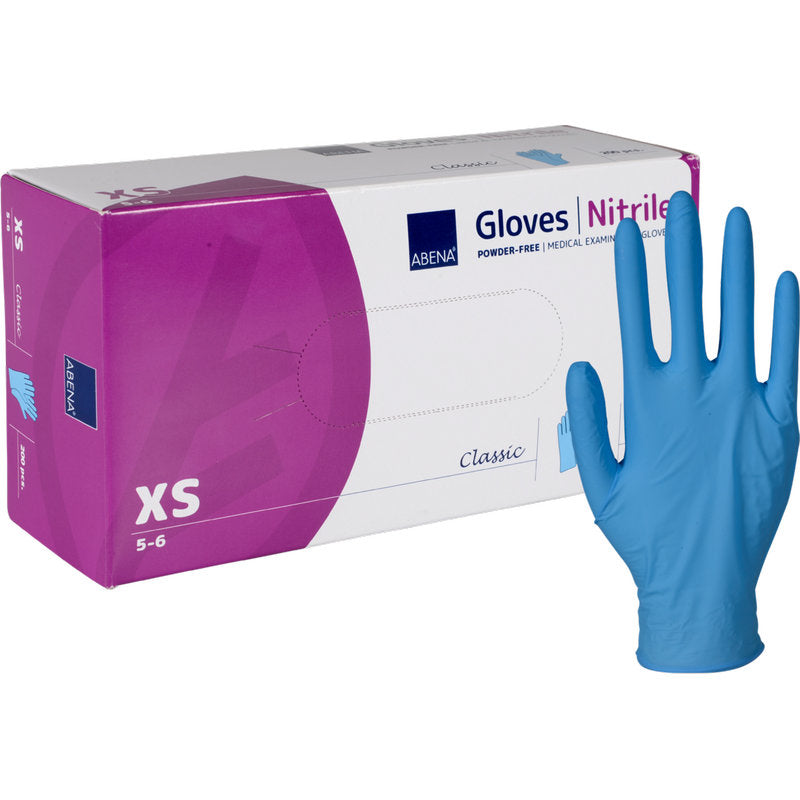 Eine Schachtel Abena Re-Seller GmbH Nitril-Handschuhe Classic, puderfrei und blau in Größe XS, mit einem einzelnen Handschuh aufgestellt - perfekt für medizinische Einrichtungen, die Komfort und Schutz benötigen.