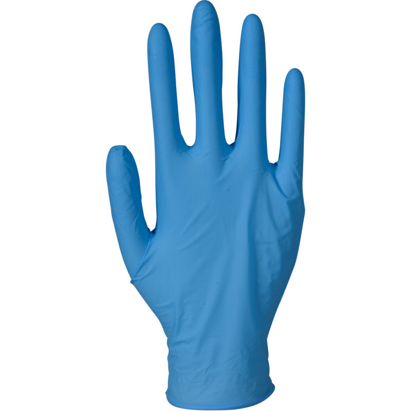 Ein einzelner blauer Nitril-Handschuh Classic, puderfrei von Abena Re-Seller GmbH, wird aufrecht mit ausgestreckten Fingern vor weißem Hintergrund präsentiert und eignet sich ideal für medizinische Einrichtungen.