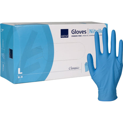 A pack of Abena Re-Seller GmbH Nitrile Gloves Classic, powder-free, blue, size Large - a single blue glove stands upright next to the white-blue packaging and is ideal for medical facilities.