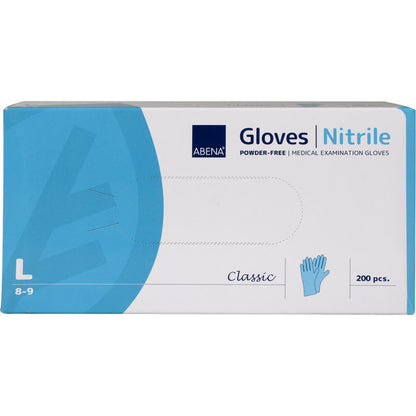 A rectangular box of Abena Re-Seller GmbH Nitrile Gloves Classic, powder-free, blue, size L (8-9), ideal for medical facilities. The predominantly blue-white box with text and glove symbol contains 200 pieces.