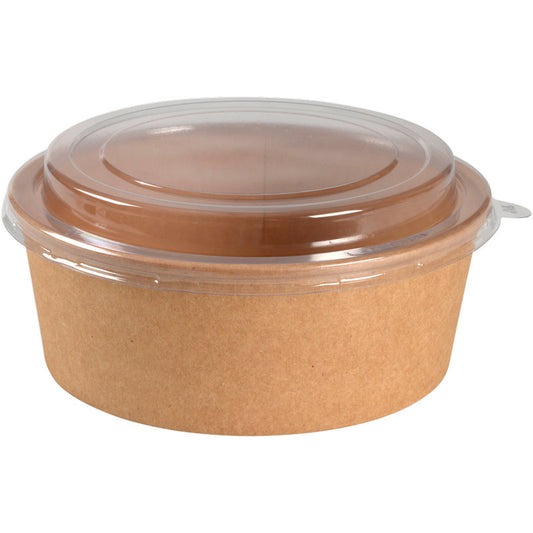 Die Abena Re-Seller GmbH Schale (1.100 ml, Ø 18,7 cm, Kraft/PE, Braun) im 50er-Pack hat einen klaren Kunststoffdeckel und eignet sich hervorragend als umweltfreundliche Lebensmittelverpackung.