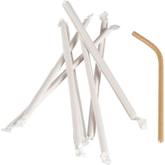 Neben einem umweltfreundlichen, biegsamen Trinkhalm von Abena Re-Seller GmbH liegen sieben einzeln verpackte braune Papiertrinkhalme (24 cm, ø 6 mm) aus einer Packung mit 250 Paaren auf weißem Hintergrund.