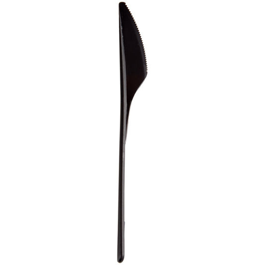 Ein einzelnes schwarzes Mehrwegmesser (18,7 cm, PP) der Abena Re-Seller GmbH, senkrecht vor einem schlichten weißen Hintergrund abgebildet.