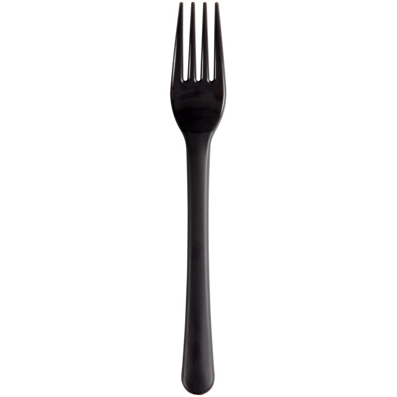 Die schwarze Mehrweg Gabel (18 cm) aus PP von Abena Re-Seller GmbH ist auf weißem Hintergrund zentriert - nachhaltiges Besteck, ideal für den Alltag. Packung mit 50 Stück.