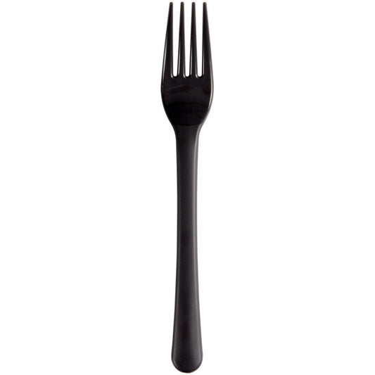 Die schwarze Mehrweg Gabel (18 cm) aus PP von Abena Re-Seller GmbH ist auf weißem Hintergrund zentriert - nachhaltiges Besteck, ideal für den Alltag. Packung mit 50 Stück.