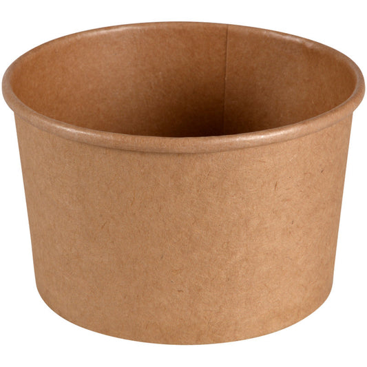 Die braune Schale aus Kraft/PE von Abena Re-Seller GmbH (480 ml, ø 11,1 cm, 50er Pack) ist zylindrisch, glatt und unbedruckt - ideal als umweltfreundliche Gastronomie-Schale. Abgebildet auf weißem Hintergrund.