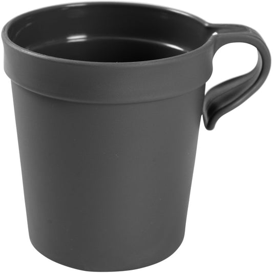 Eine schlichte, schwarze Mehrweg Tasse mit Henkel (25 cl, PP) von Abena Re-Seller GmbH ist auf weißem Hintergrund abgebildet. Diese Tasse wird in einer Packung mit 12 Paaren verkauft, hat ein leicht konisches Design und erscheint leer.