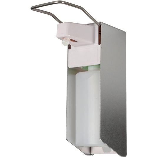 Der Abena Re-Seller GmbH Armhebelspender AL500A (500 ml, Aluminium/Weiß) ist ein wandmontierbarer Spender mit durchsichtigem Nachfüllbehälter und langem Metallhebel zur einfachen Anwendung von Seife oder Desinfektionsmittel. Wird in einer Packung geliefert.