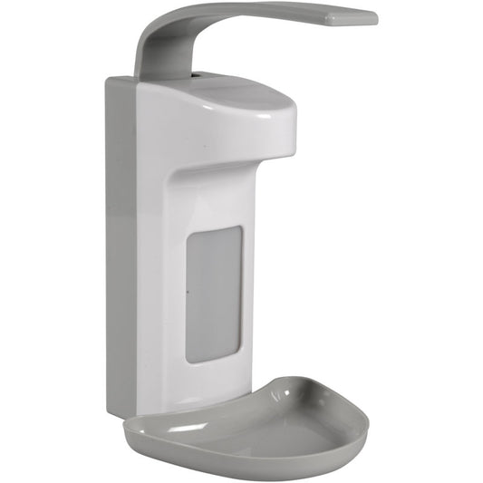 Der Abena Re-Seller GmbH Armhebelspender (500 ml, Kunststoff, Weiß) ist ein hygienischer Wandspender mit oberem Hebel, grauer, herausnehmbarer Tropfschale und einem kleinen Sichtfenster zur Anzeige des Seifenstands.
